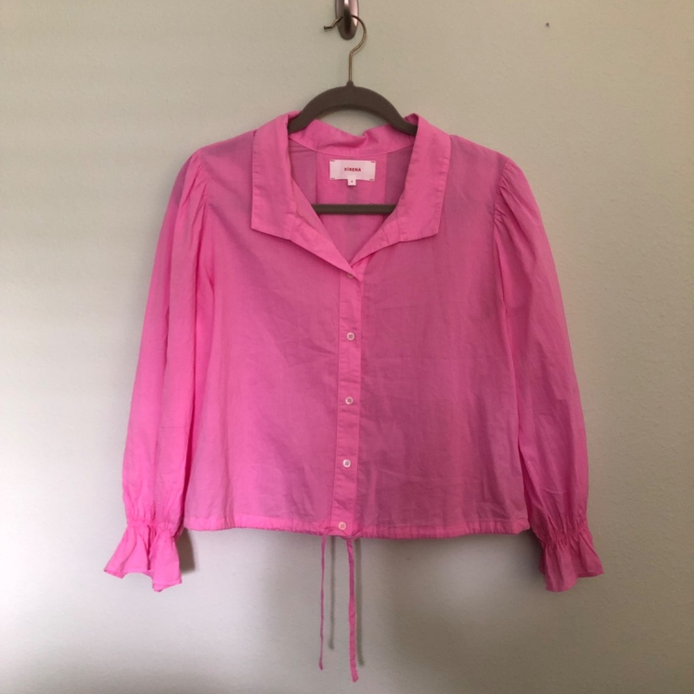 Xirena Elody blouson top ruffle cuffs button front cinch tie waist 3/4 sleeves - Picture 4 of 12